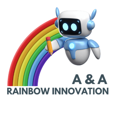 Logo of Rainbow ABA Pathway featuring a robot with a rainbow and pencil – A & A Rainbow Innovation