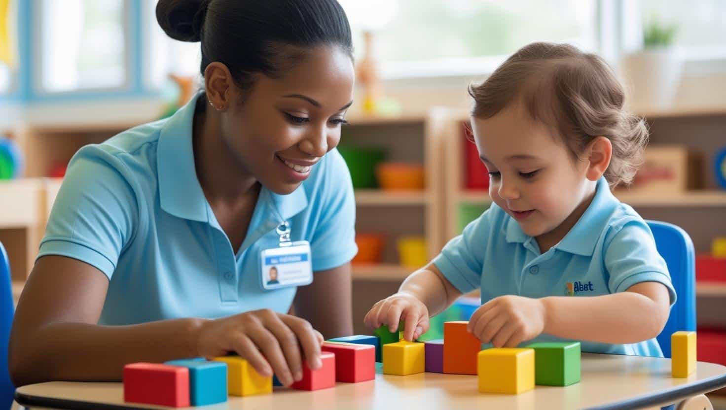 RBT providing ABA therapy to a toddler using colorful blocks
