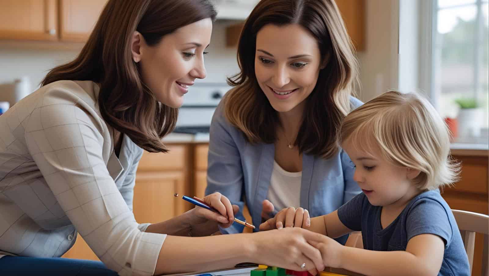 BCBA therapist guiding parent and child in an ABA home session.